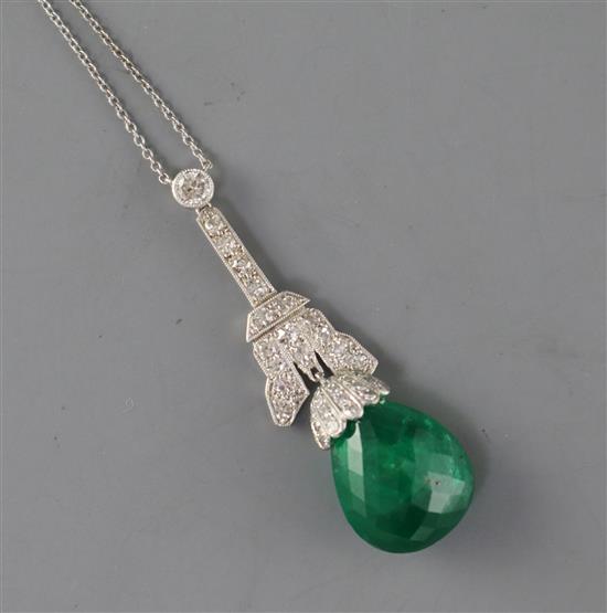 An Art Deco emerald and diamond pendant on chain in a S.J. Phillips Ltd box 4cm
